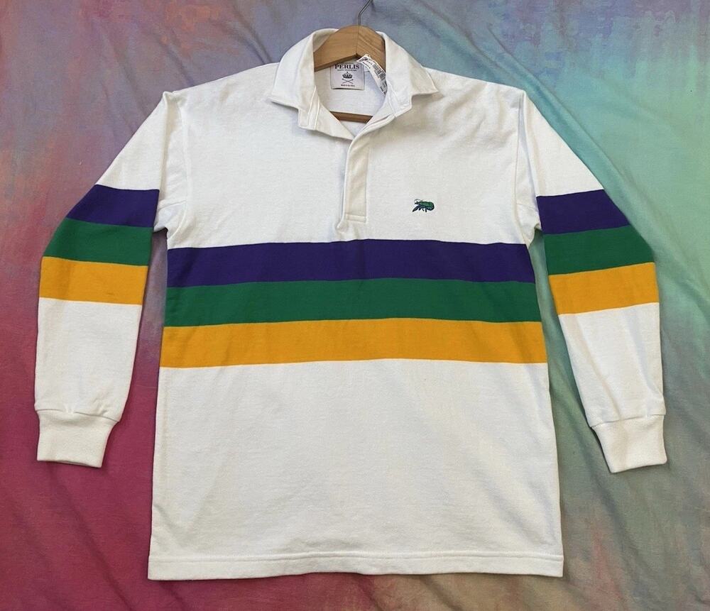 NWT Perlis Mardi Gras Crawfish Rugby Polo Shirt Boys M 12 Striped Long Sleeve